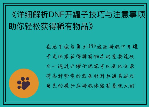 《详细解析DNF开罐子技巧与注意事项助你轻松获得稀有物品》