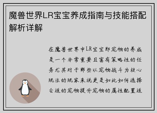 魔兽世界LR宝宝养成指南与技能搭配解析详解