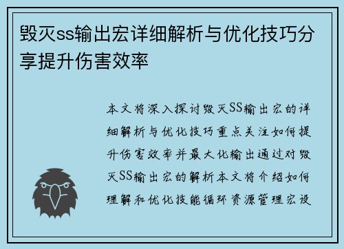 毁灭ss输出宏详细解析与优化技巧分享提升伤害效率